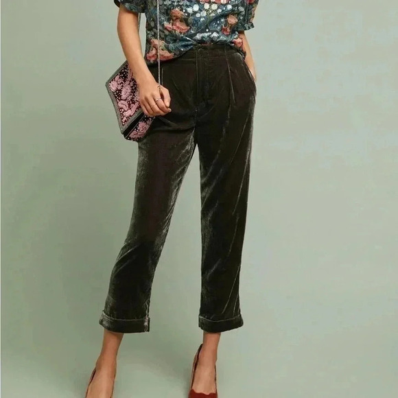 Anthropologie Size 2P Taupe Brown Cuffed Velvet Trousers - Picture 1 of 9